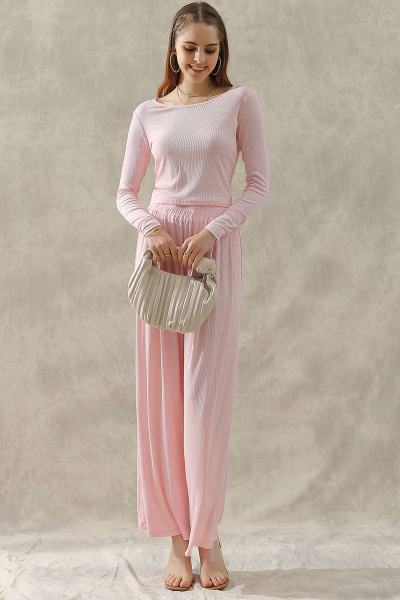 CWSTB279_MODAL LONG SLEEVE T SHIRT TOP AND WIDE PANTS SET