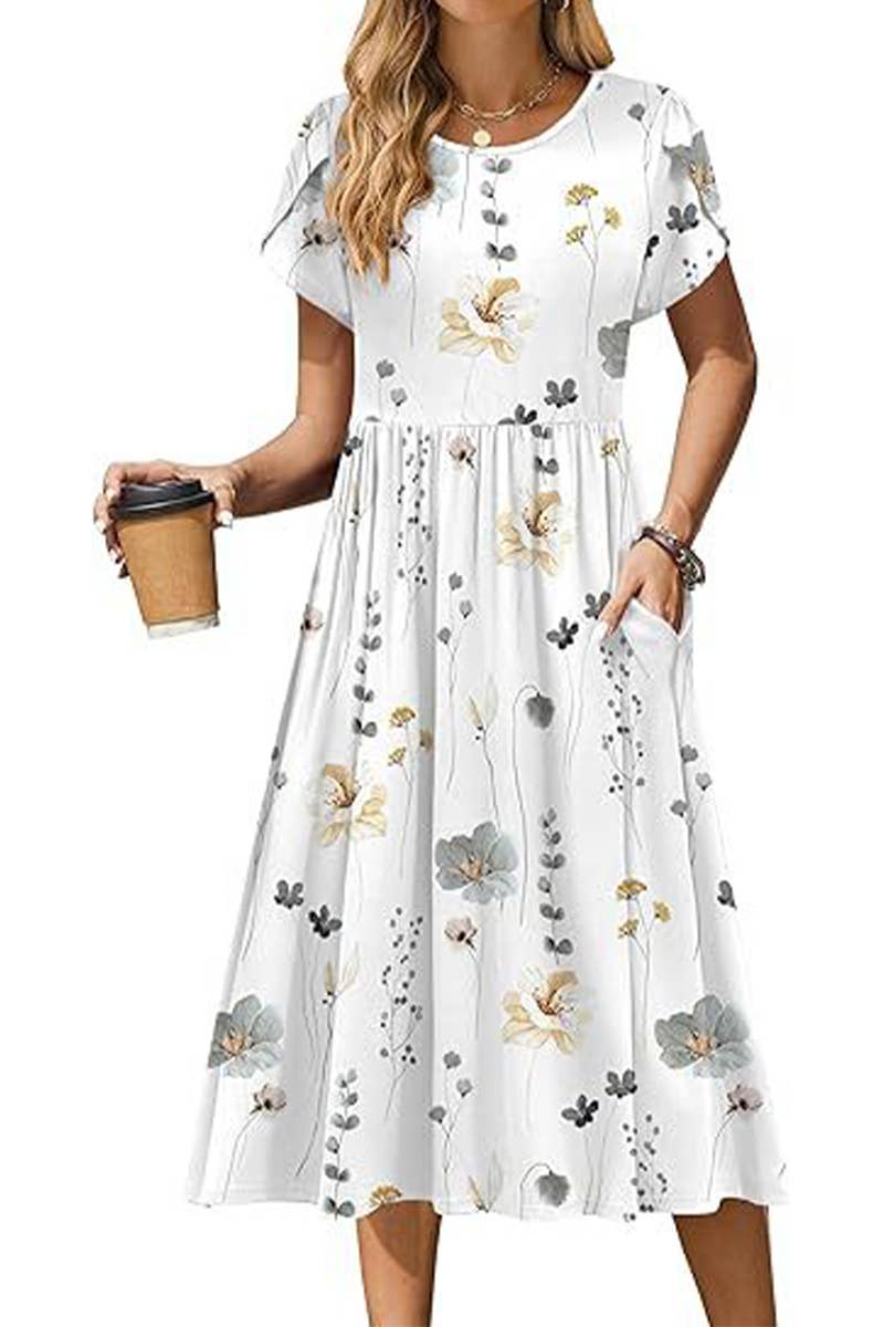 CWDMD6365_ROUND NECK PETAL SLEEVES MIDI PRINT DRESS