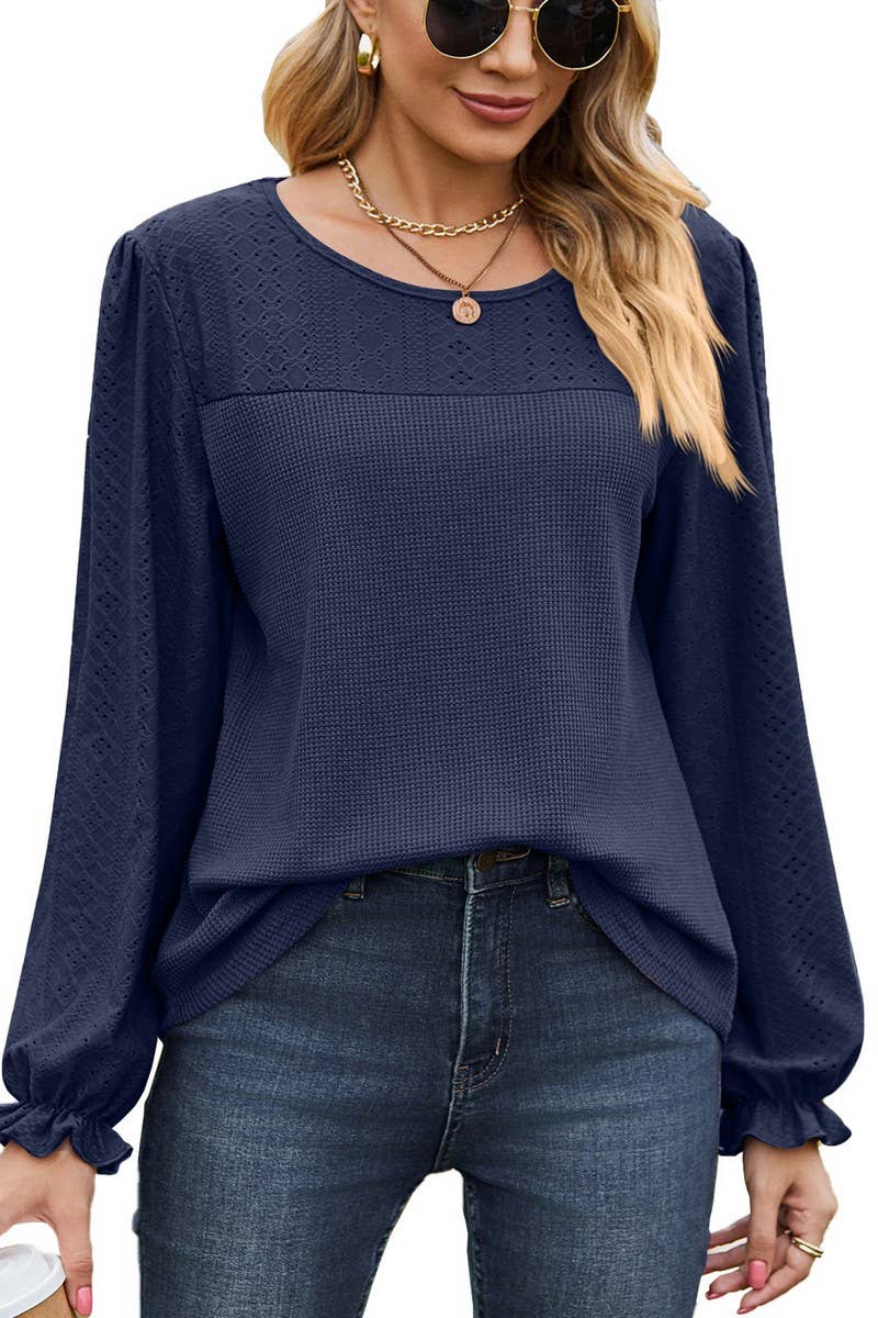 CWTBLL2417_SPLICED ROUND NECK LOOSE LONG SLEEVE T-SHIRT TOP