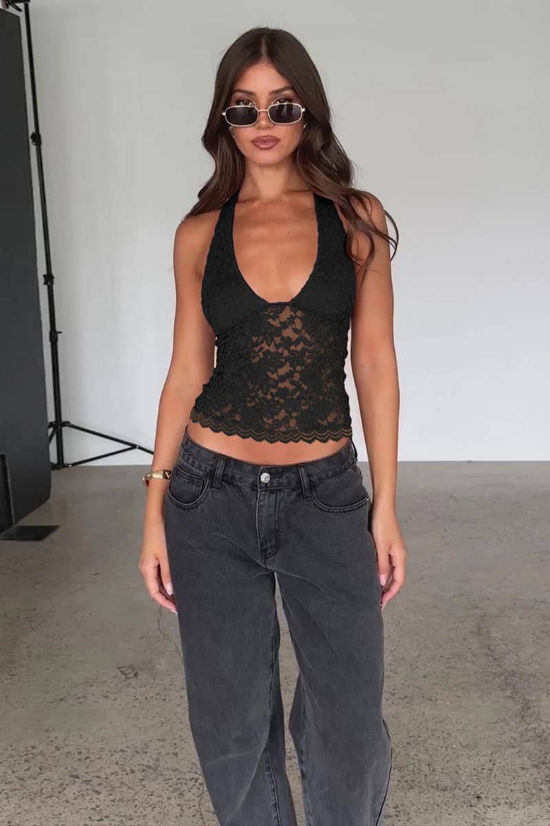 CWTTK0932_LACE CUTOUT SLIM FIT SEXY HALTER TOP