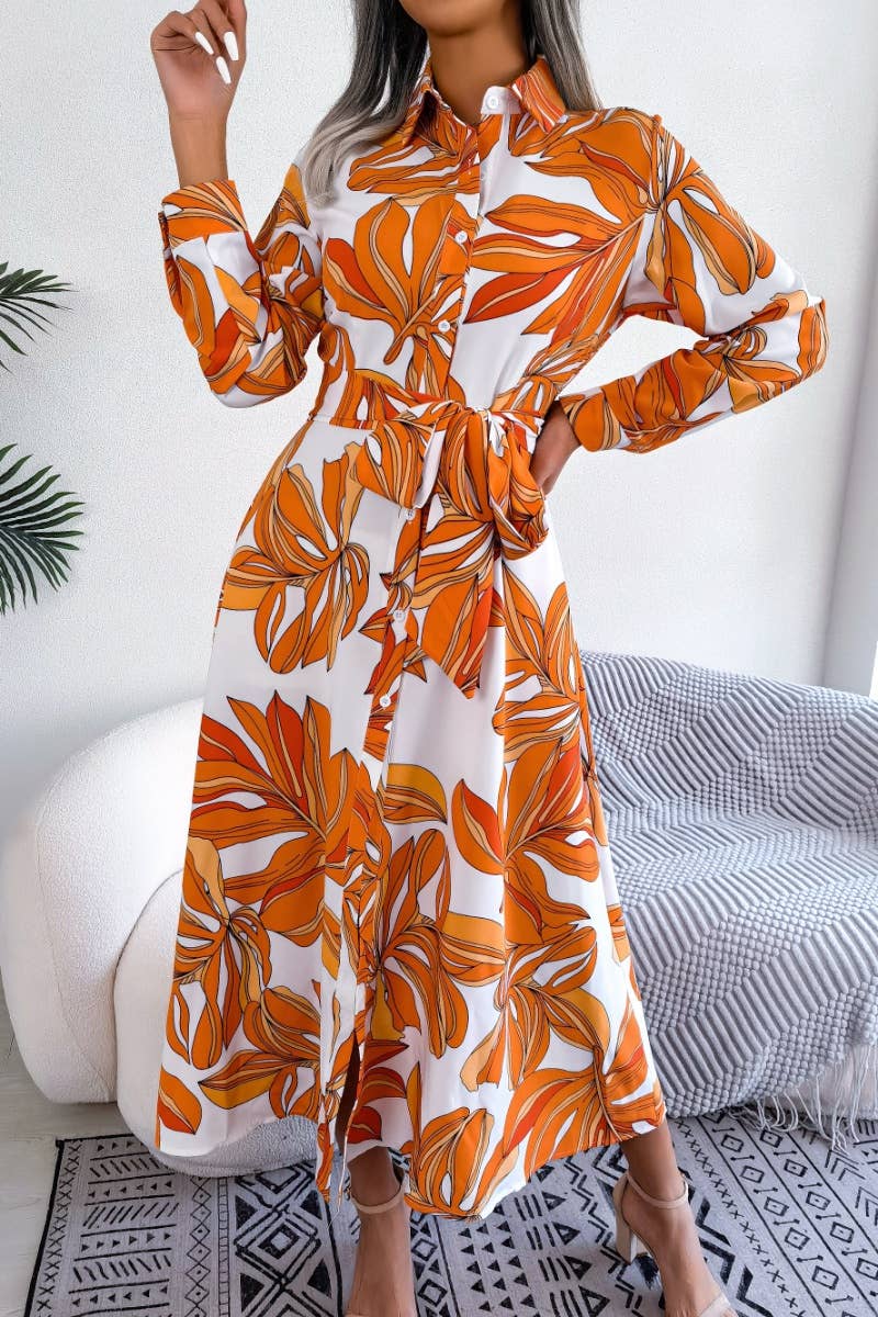 CWDMD2650_COLORFUL FLOWER LAPEL LACE-UP SHIRT LONG DRESS