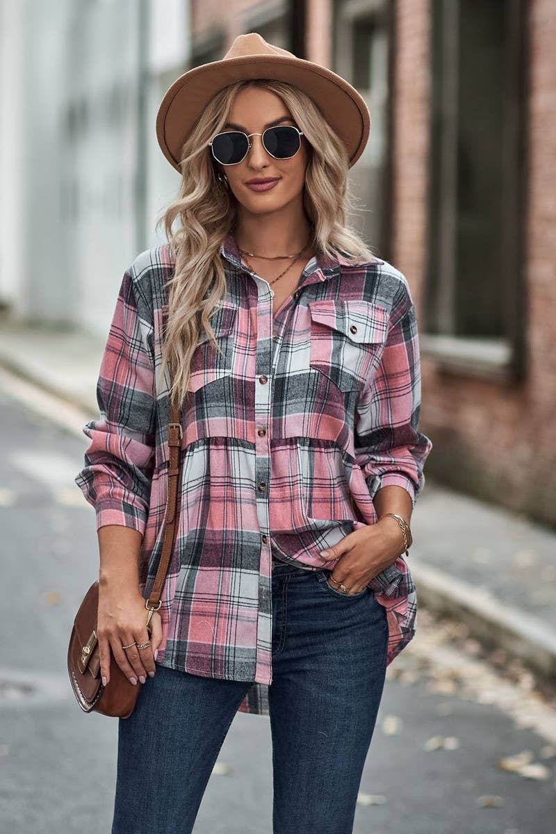 CWTSTL2484_LAPEL LONG SLEEVE POCKET CASUAL PLAID SHIRT