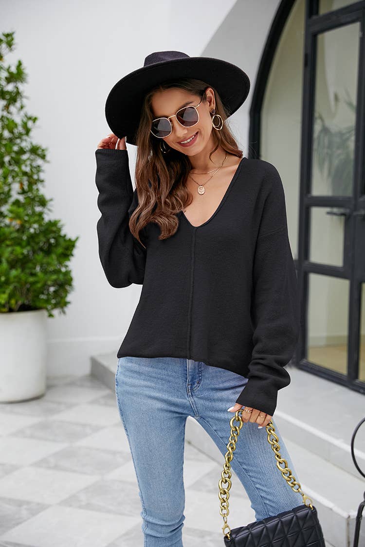 BAT-SLEEVED SOLID COLOR V-NECK SWEATER