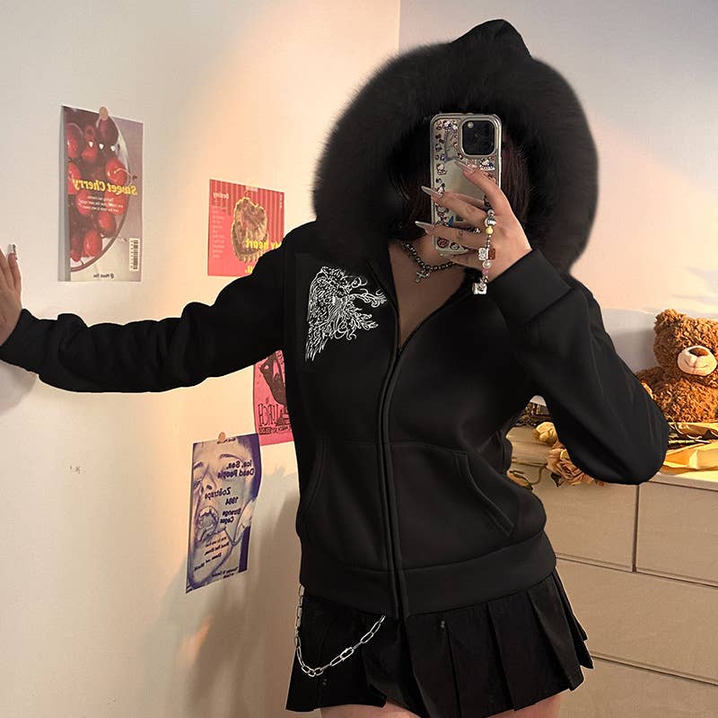 DARK WIND FUR PATCHWORK PRINT HOODIE COAT