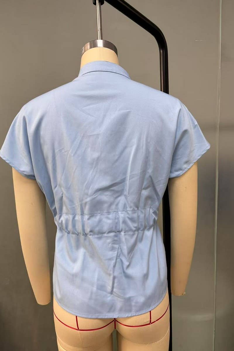 CWTBLS02501_2025 WOMEN V NECK SHORT SLEEVE CHIFFON BLOUSE