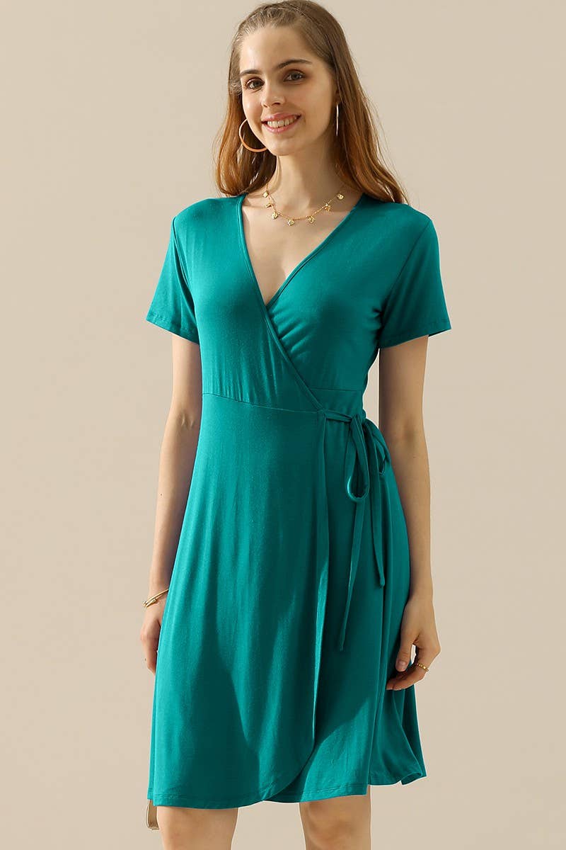 CWDSD10372_V NECK CASUALSHORT SLEEVE WRAP DRESSES