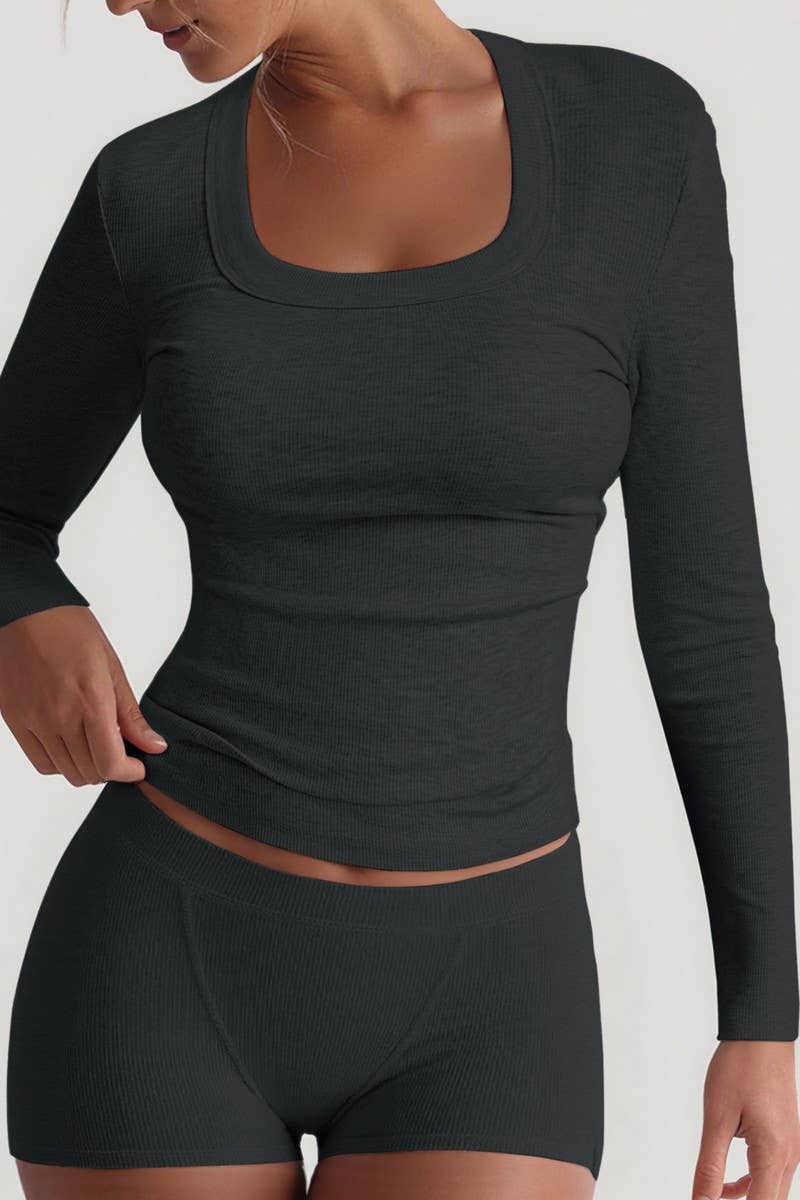 CWSTB00443_SOLID LONG SLEEVE STRETCHY SPORTS SKIRT SET