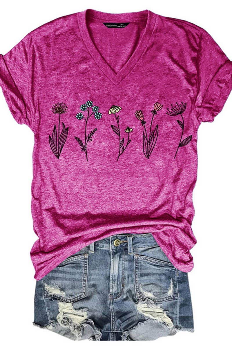 CWTTS1067_SMALL FLOWER PRINT V NECK SHORT SLEEVED T SHIRT