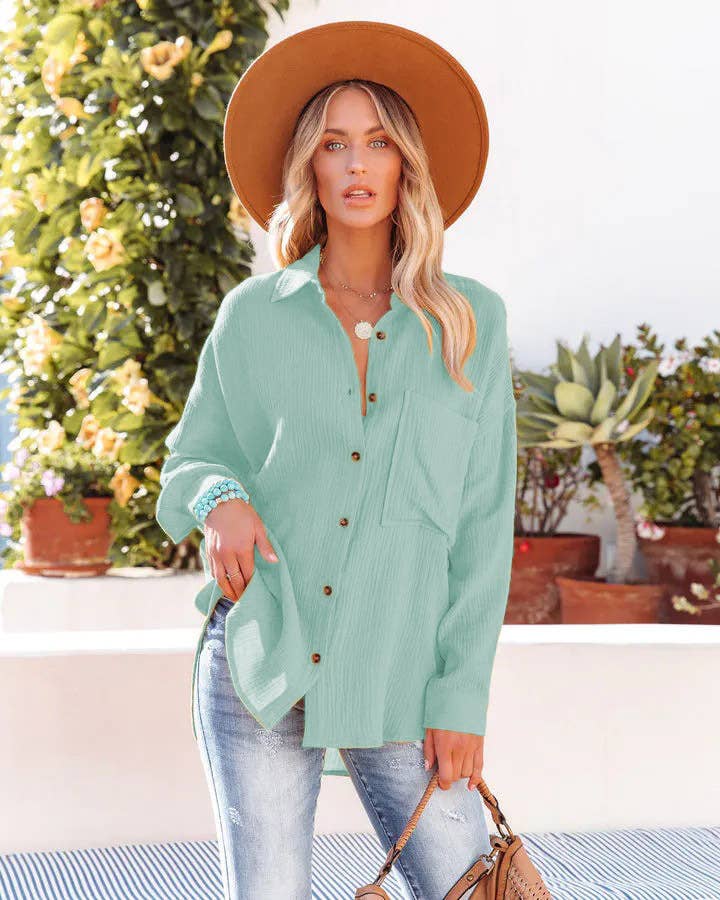 BAT-SLEEVED CASUAL SOLID COLOR LONG-SLEEVED SHIRT