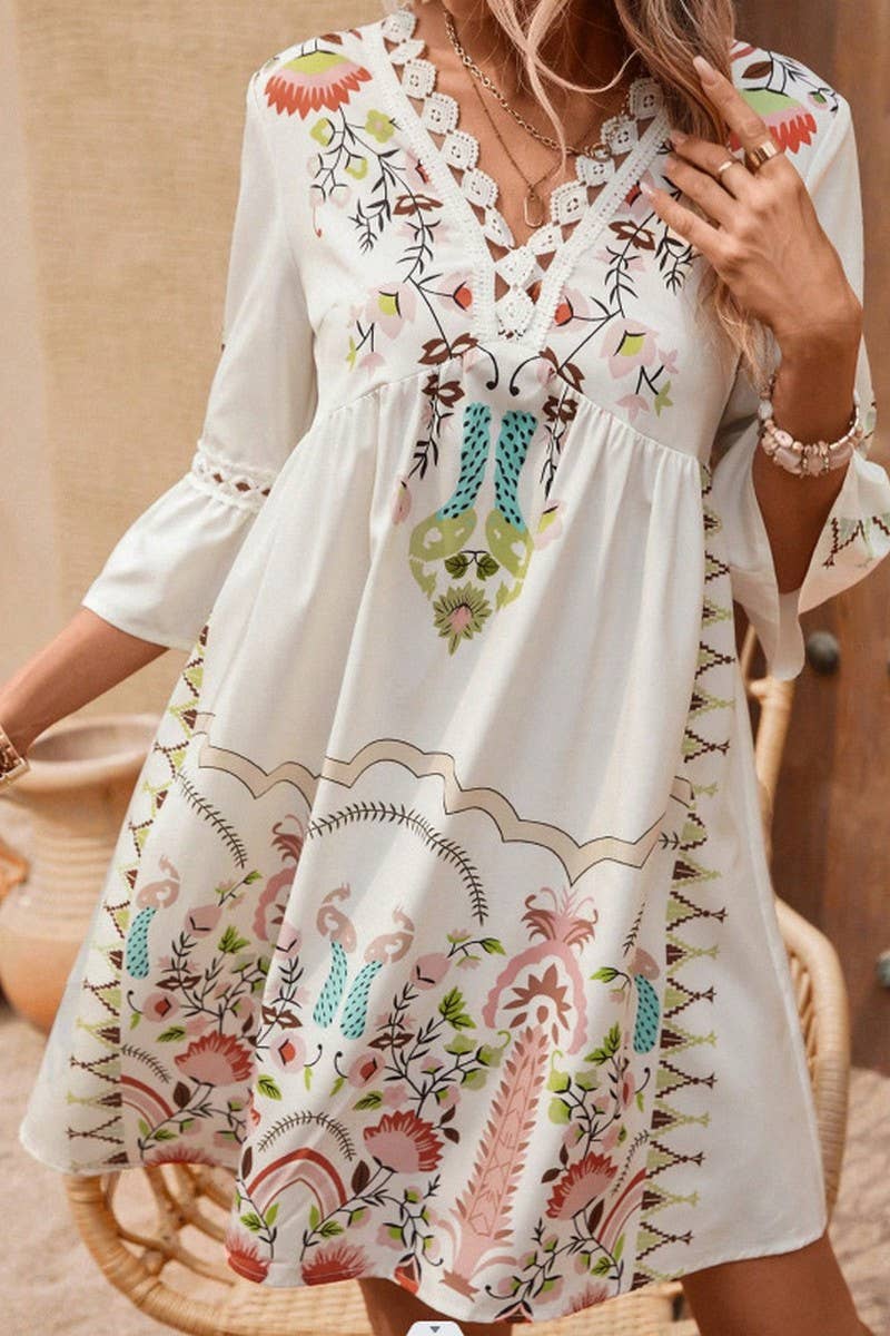 CWDSD8671_SUMMER V-NECK LACE STITCHING CASUAL DRESS