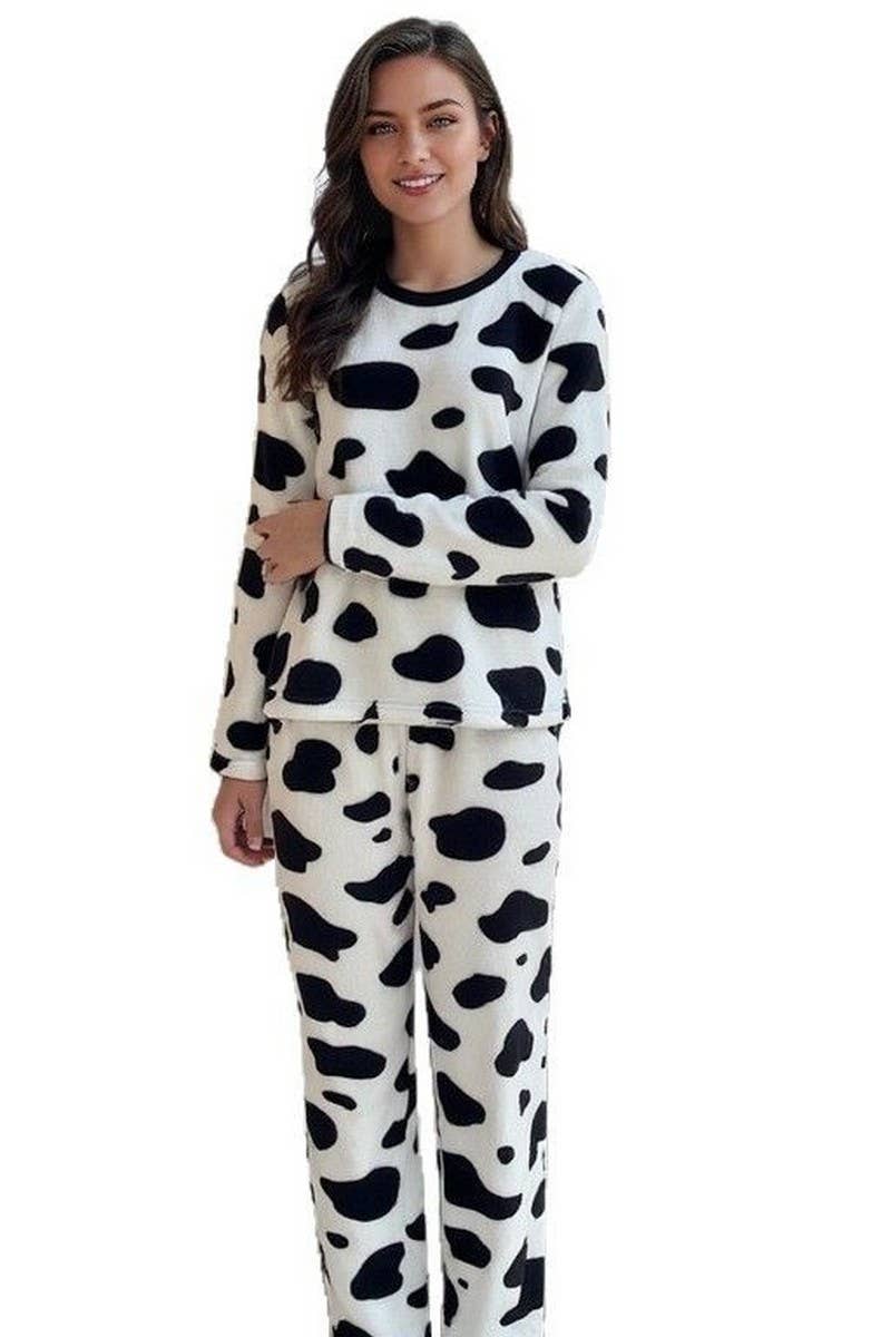CWSPJ0418_COW PRINT FLANNEL LOUNGEWEAR PAJAMA SET