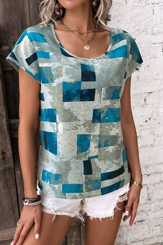 CWTBLS1147_SUMMER GEOMETRIC PATTERN LOOSE SHORT SLEEVE TOP