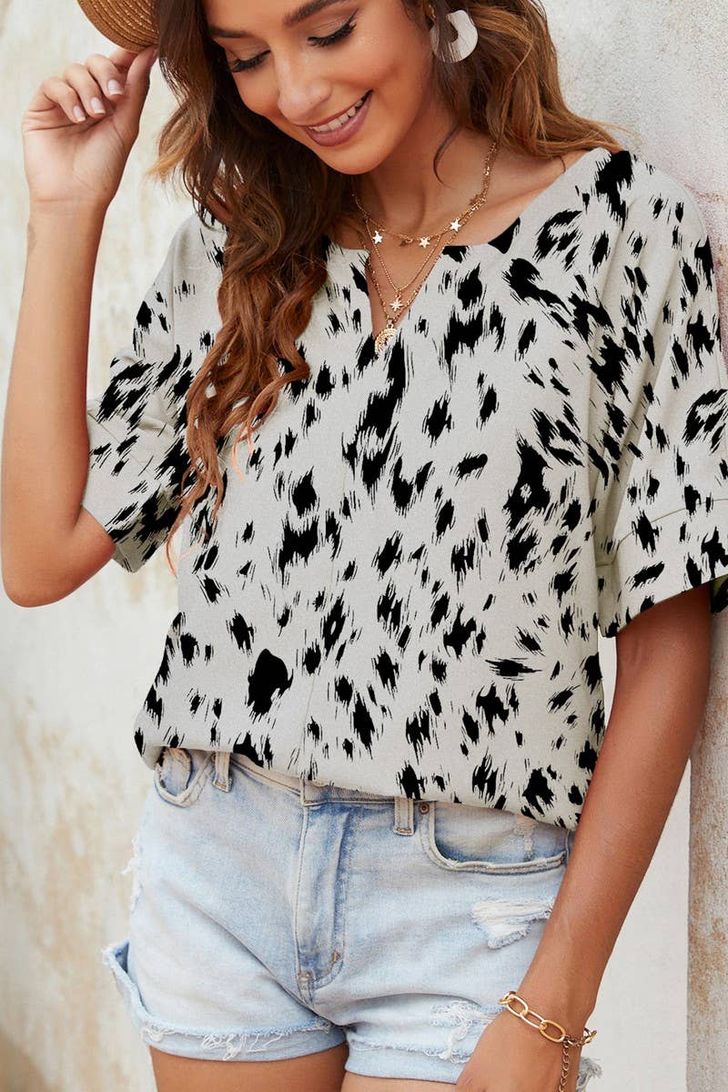 CWTBLS0346_V-Neck Short Sleeve Print Top