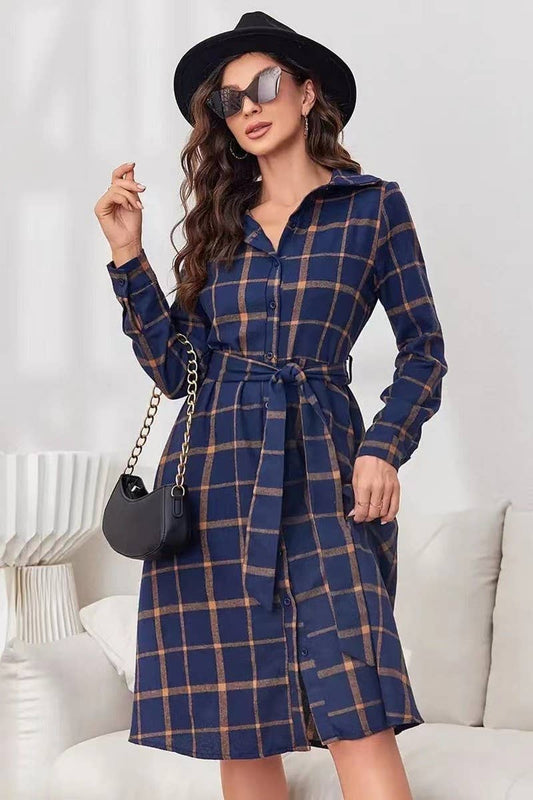 CWTDSL0125_PLAID LONG SLEEVE BELTED MIDI SHIRT DRESS