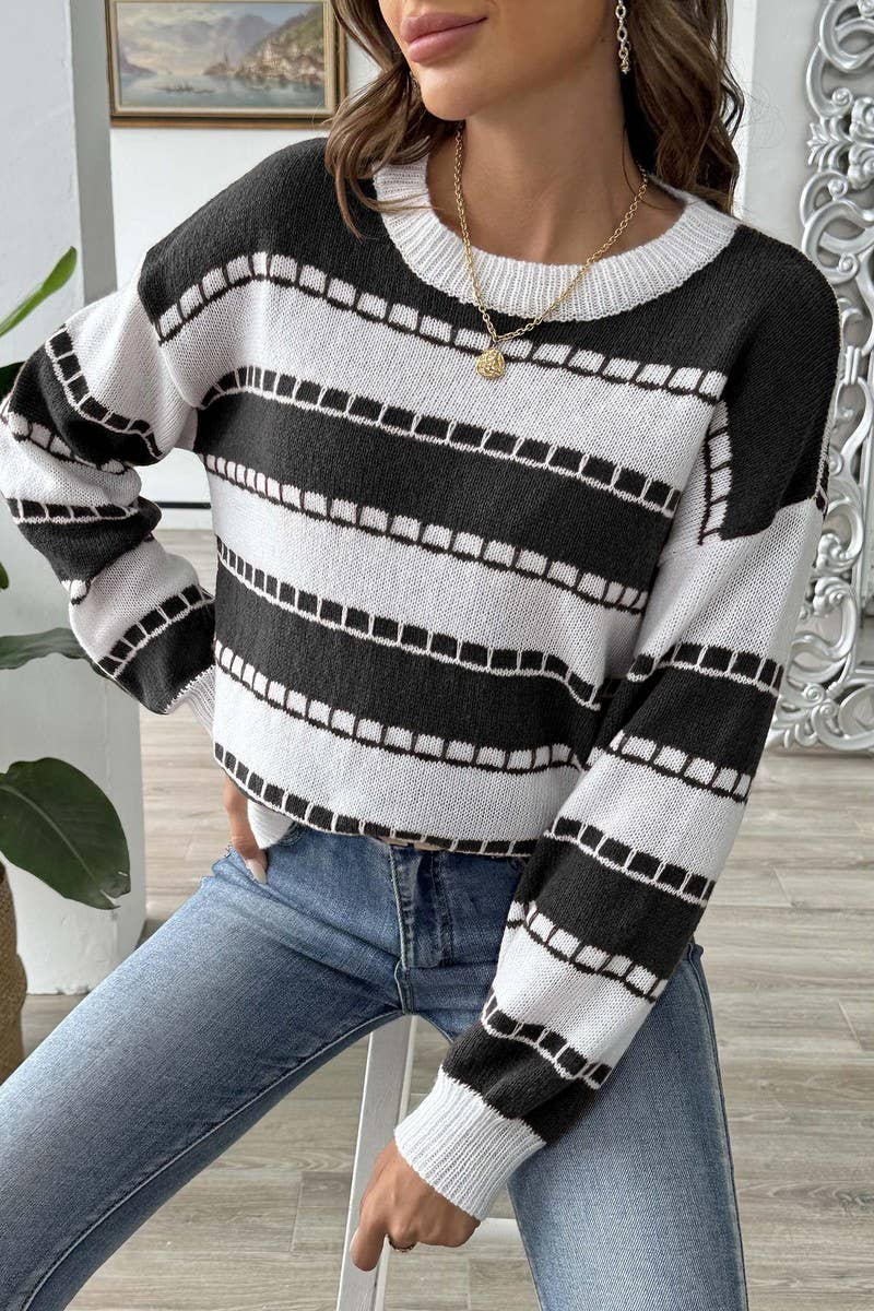 CWTTT00023_WOMEN COLORBLOCK STRIPED CASUAL KNIT PULLOVER