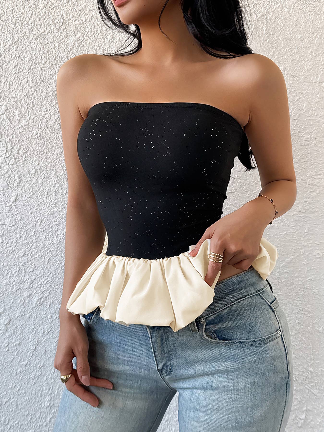 Classic black & white strapless bubble hem top