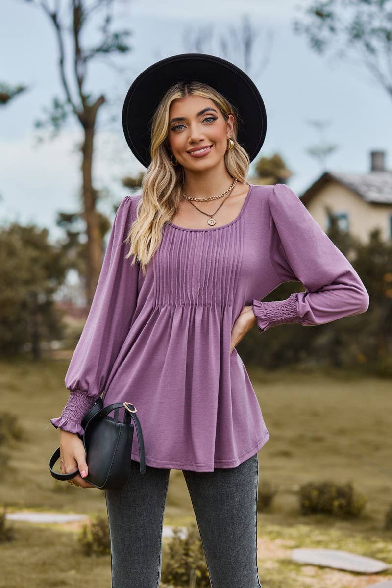 CWTBLL3687_NEW AUTUMN SOLID COLOR ROUND NECK DRAW CUFFS TOP