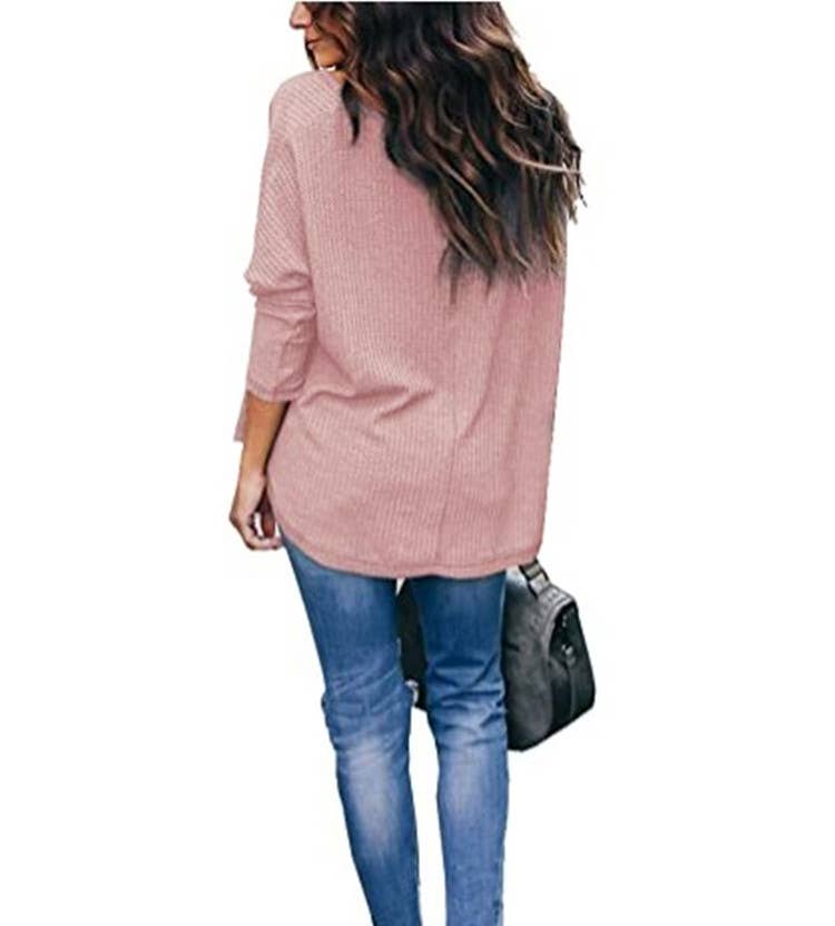 CWTTL1205_V-neck Long Sleeved Loose Knit Top