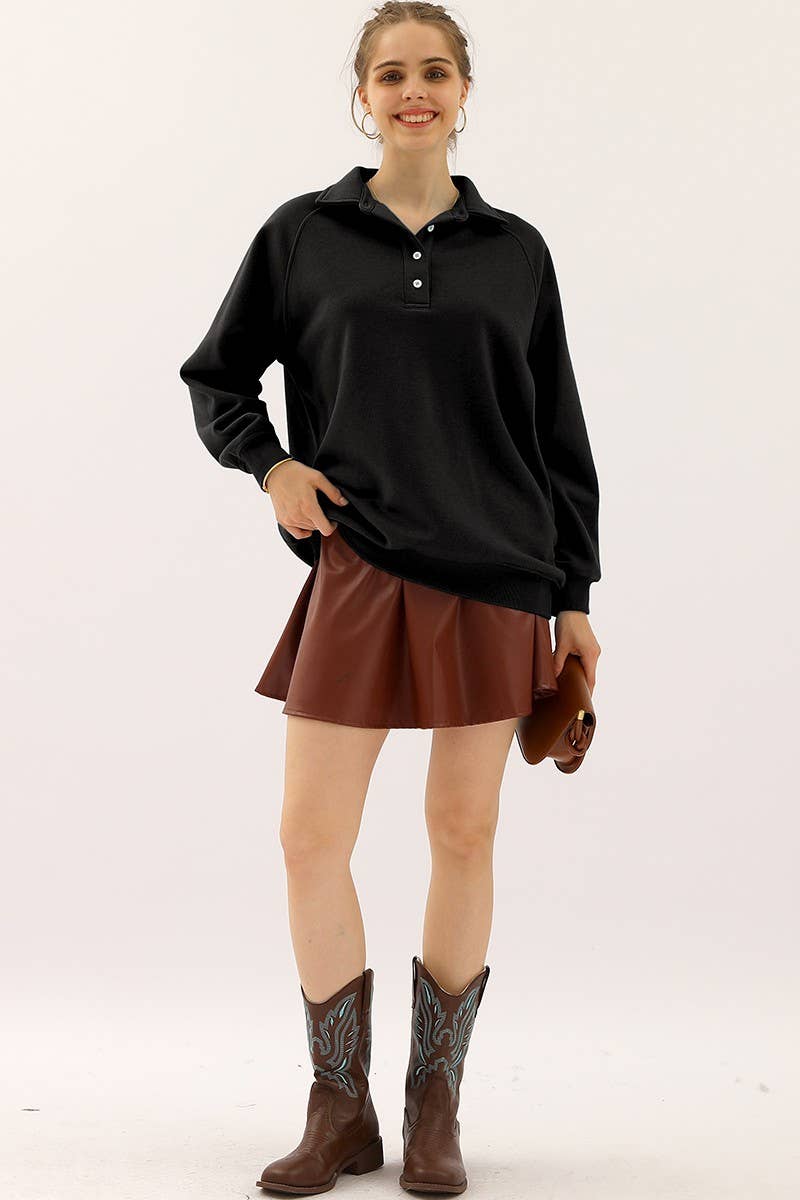 CWTTL906_BUTTON COLLAR RAGLAN LONG SLEEVE CASUAL SWEATSHIRT