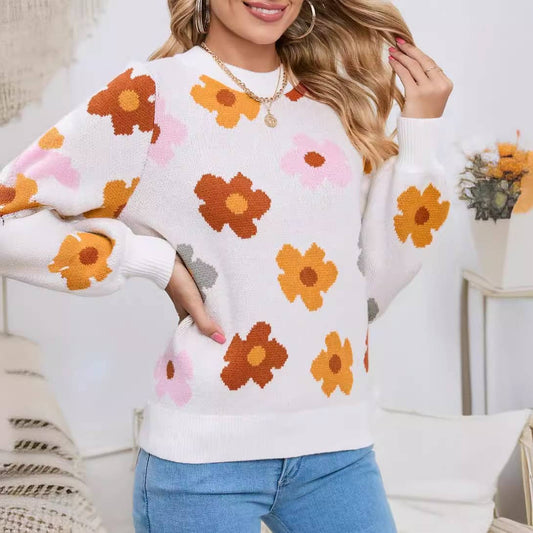 FLORAL PRINT WARM THREAD LONG SLEEVE SWEATER