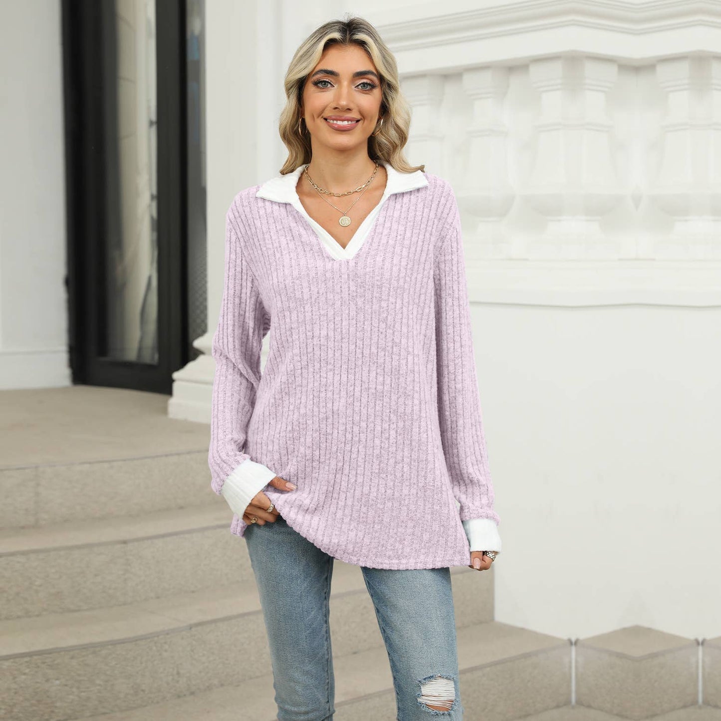 COLOR CONTRAST LAPEL LONG SLEEVE LOOSE T-SHIRT