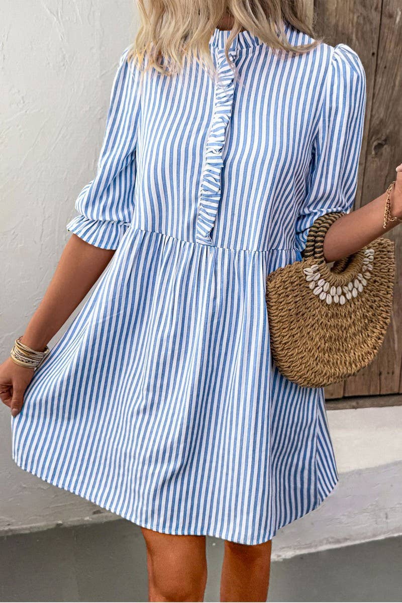 CWDSD7817_RUFFLE TRIM STRIPED LOOSE FIT SHIRT DRESS