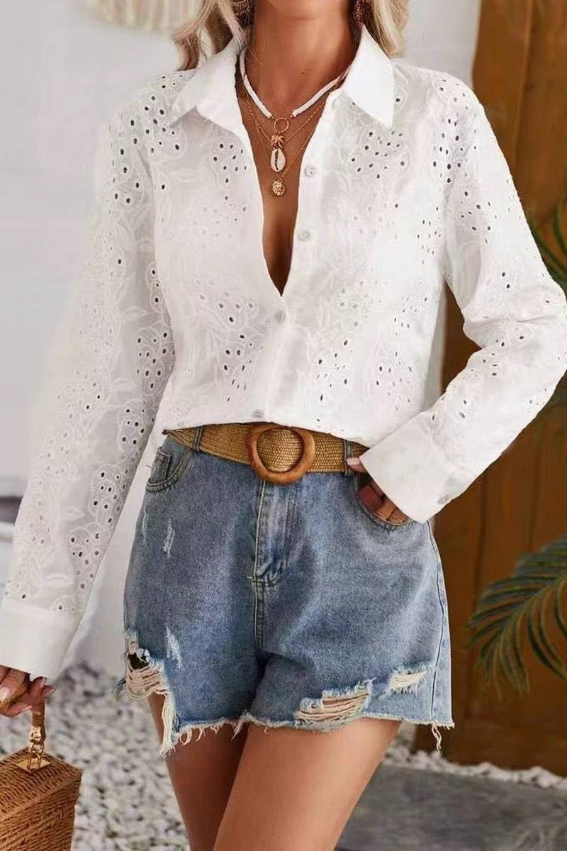 CWTBLS2046_ELEGANT HOLLOW SOLID COLOR LAPEL SHIRT