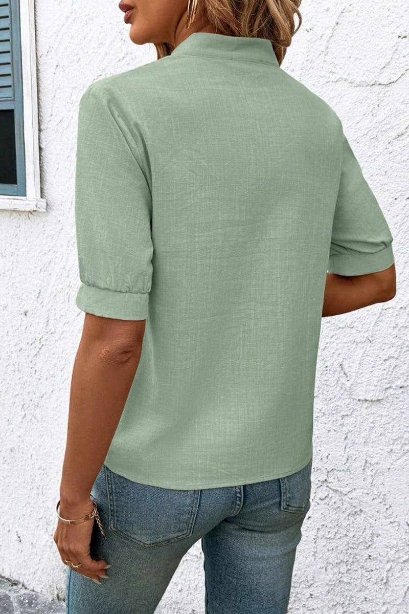 CWTBLS2269_V-NECK COTTON EMBROIDERED SHORT SLEEVE SHIRT