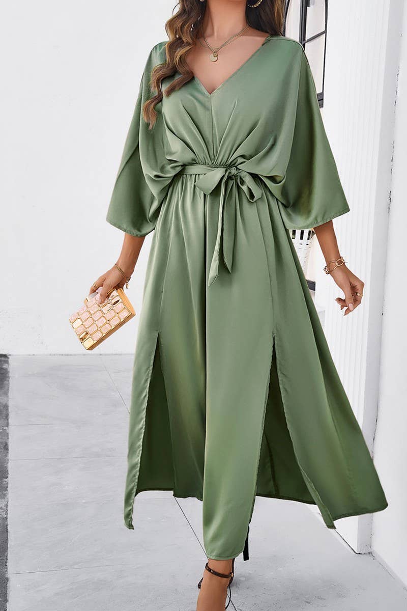 CWDMD1334_V-Neck 3/4 Sleeve With Belt Maxi Dresses