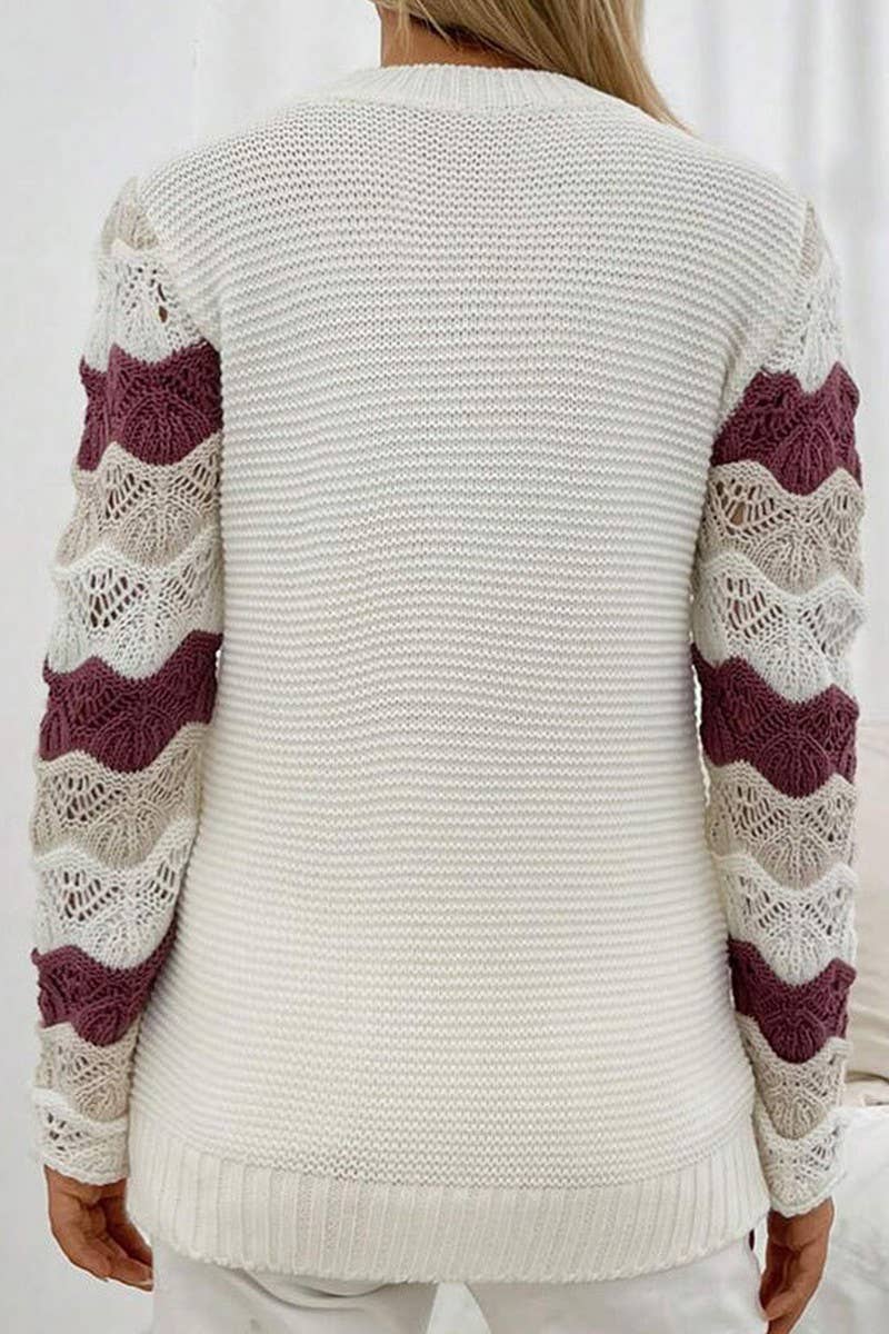 CWOSWL07359_LOOSE KNIT STRIPE COLORBLOCK HOLLOW SLEEVE TOP