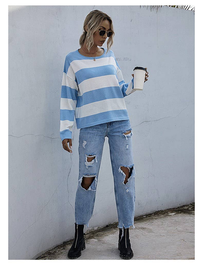 CREW-NECK COLOR STRIPED FASHION KNIT SWEATER