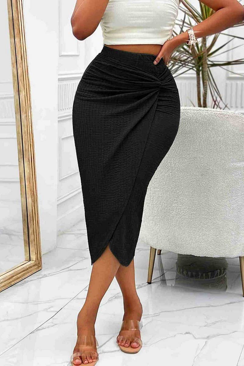CWBMS0425_SOLID COLOR TWIST LOOSE MID-LENGTH SLIT HIP SKIRT