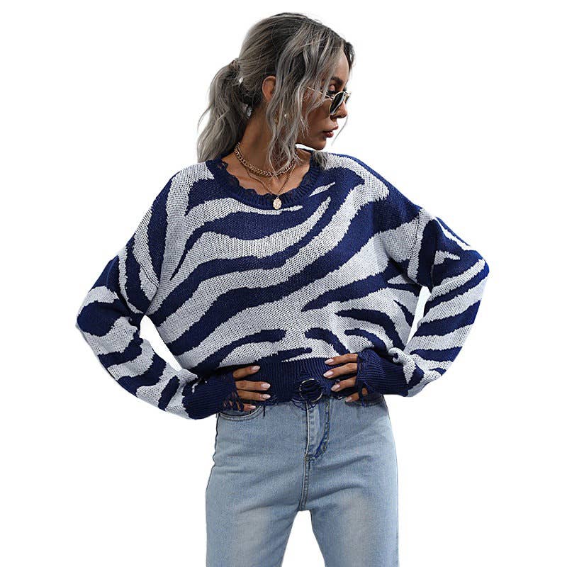 CREW NECK SWEATER STRIPED SHORT STYLE SWEATER