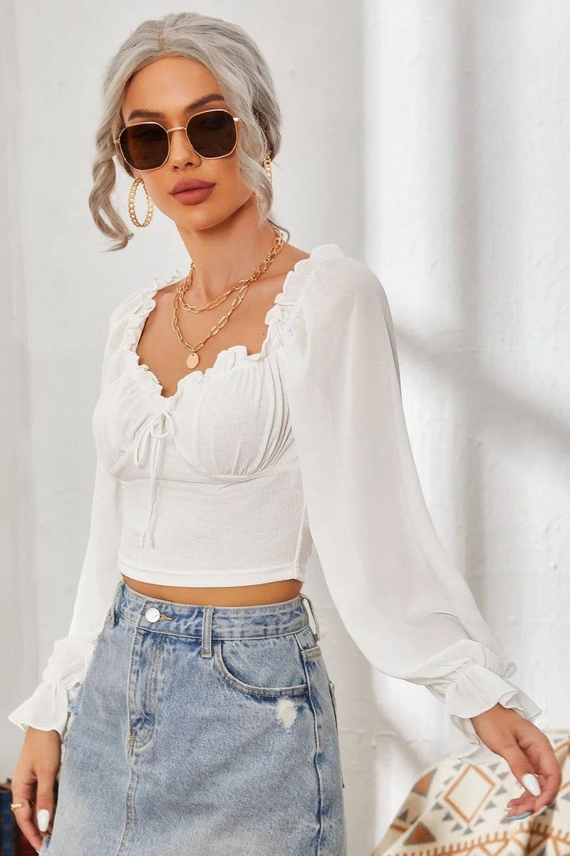 CWTBLL2261_SQUARE COLLAR RUFFLED LONG SLEEVE SHORT TOP