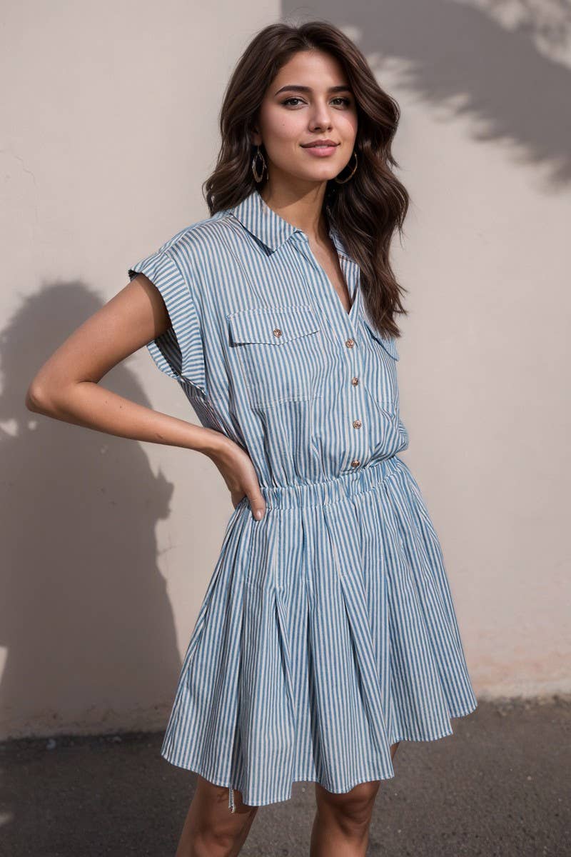 CWTDSS0075_BLUE STRIPED COLLARED FITTED MINI SHIRT DRESS