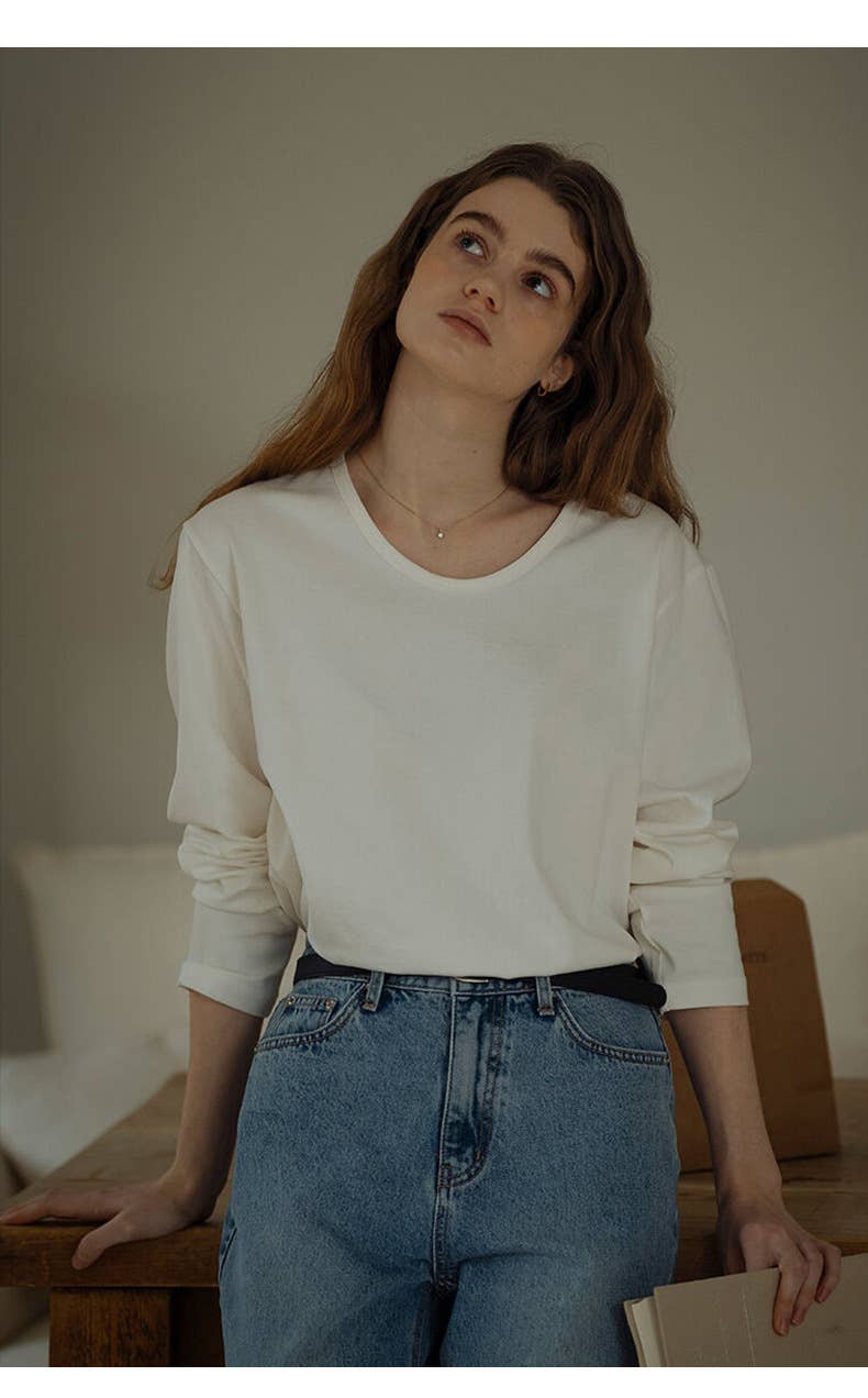 FASHIONABLE COTTON CREW-NECK LONG-SLEEVED TOP