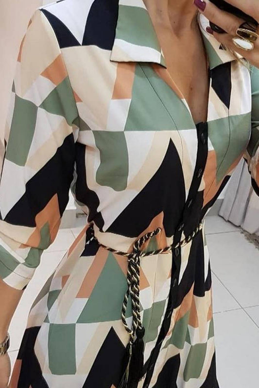 CWDMD4107_PLAID PRINT V-NECK THREE-QUARTER SLEEVE TIE DRESS