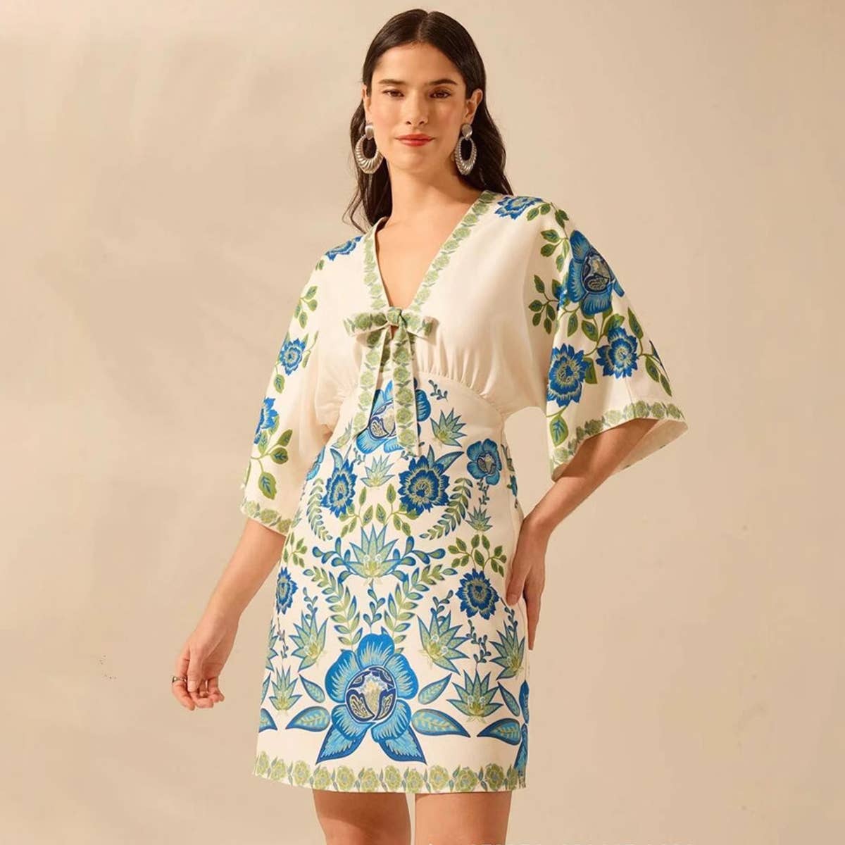 Casual floral printed five-quarter sleeve dress