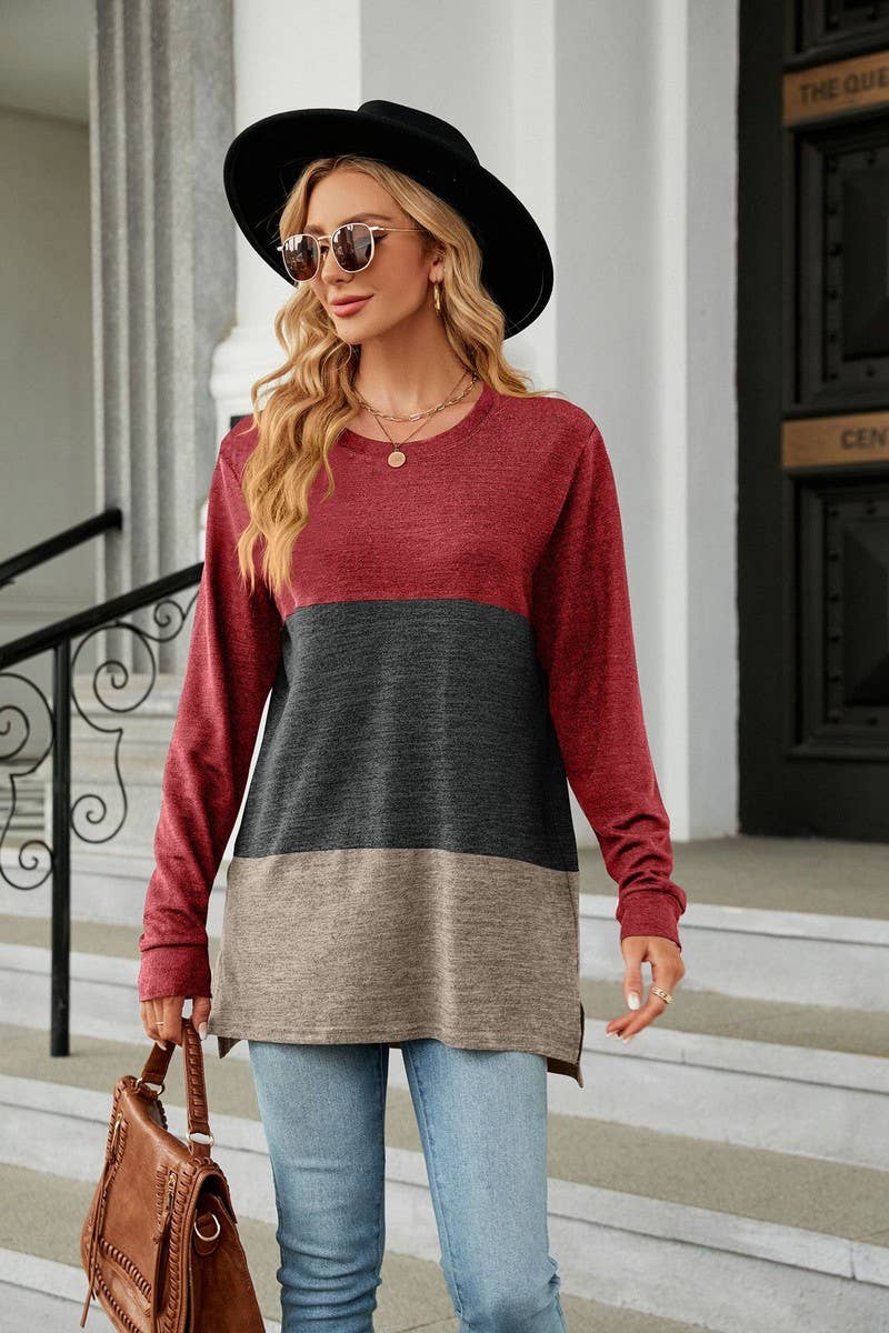 CWTBLL2411_SOLID COLOR ROUND NECK CONTRAST STITCHING T-SHIRT