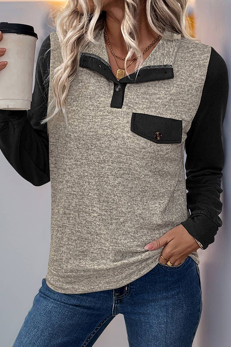 CWTBLL3707_CASUAL PULLOVER LAPEL CONTRAST COLOR SWEATSHIRT