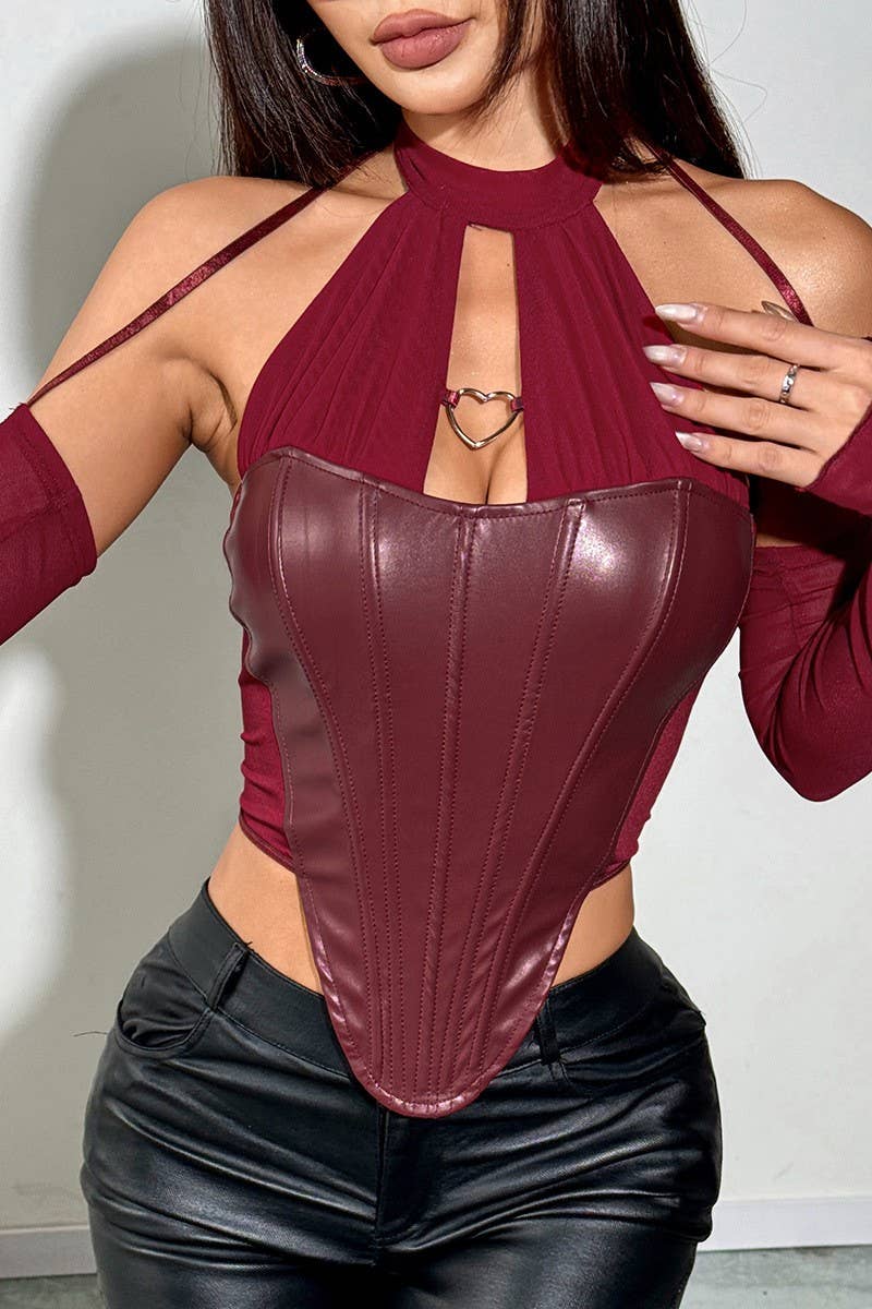 CWTBLL3640_PU LEATHER STITCHING SLEEVE HALTER NECK TOP