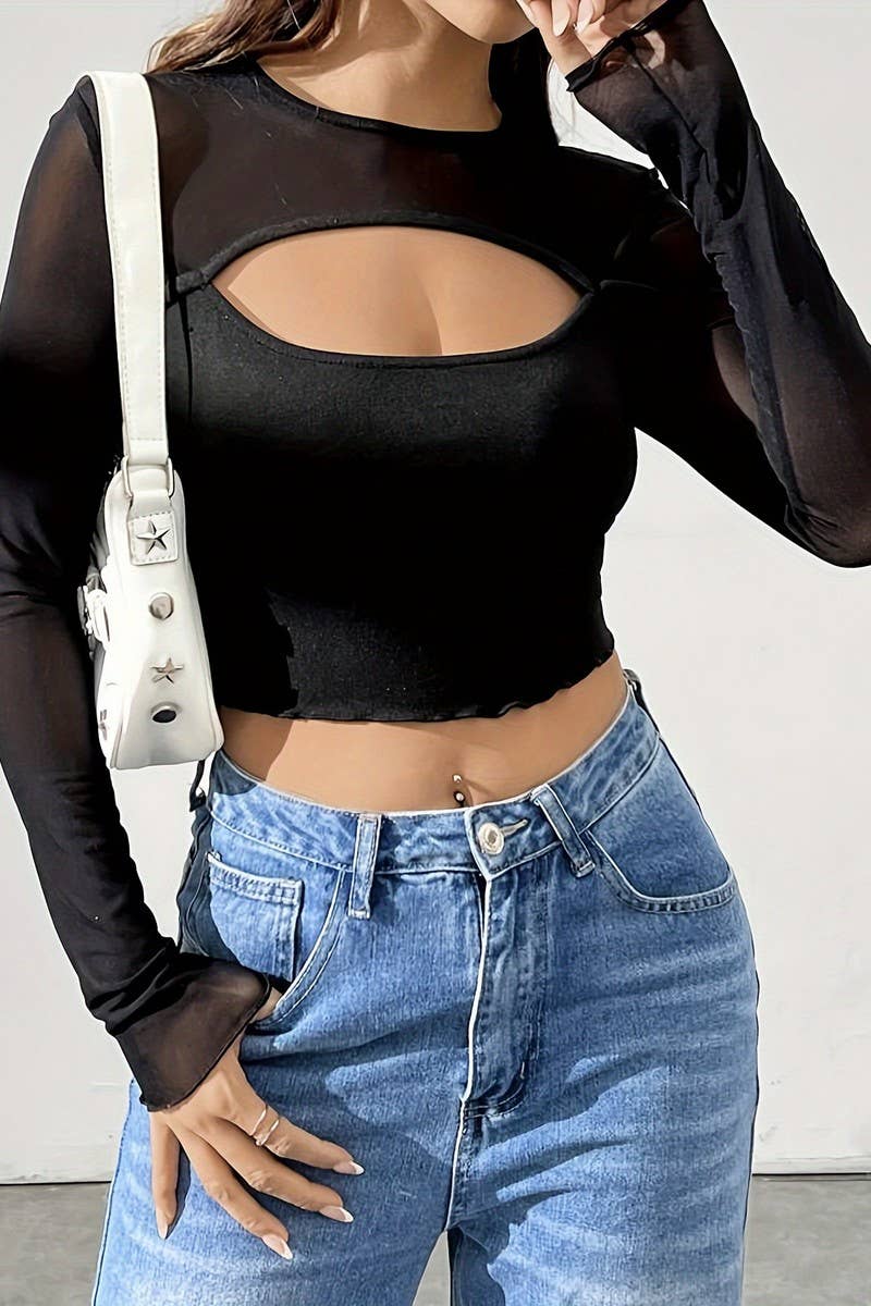 CWTBLL3523_FRONT HOLLOW MESH LONG SLEEVE CROPPED TOP