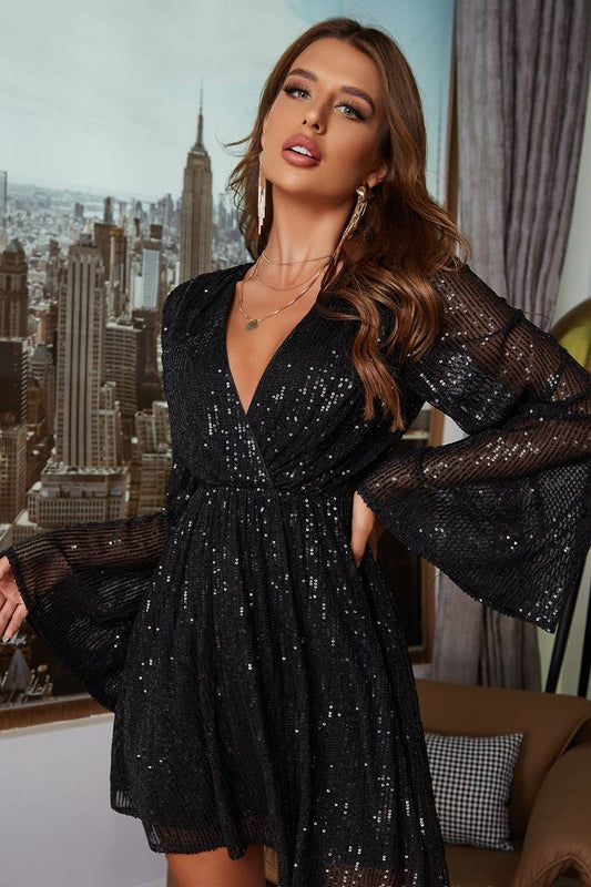 CWDSD4294_SEQUIN LONG SLEEVE MESH DEEP V SWING DRESS