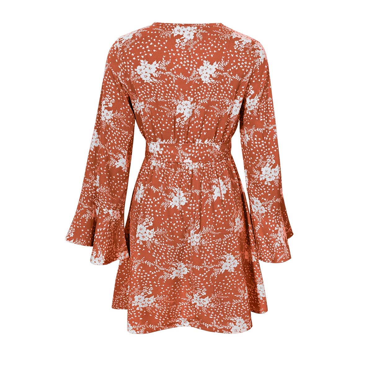 Flared sleeve V-neck printed long-sleeved dress