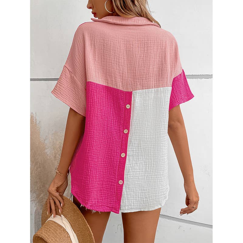 Color contrast patchwork short sleeve Vneck shirt