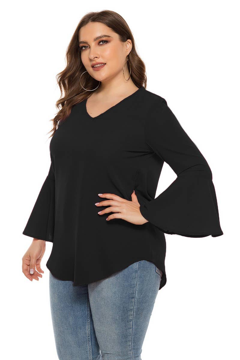 CWTBLL1403_PLUS SIZE ROUND NECK RUFFLE SLEEVE LOOSE TOP