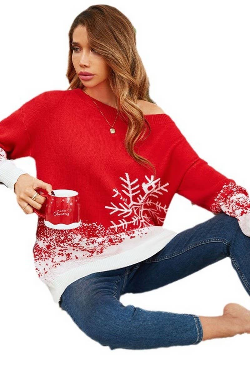 CWOSWL5980_OFF SHOULDER SNOWFLAKE CHRISTMAS KNIT SWEATER