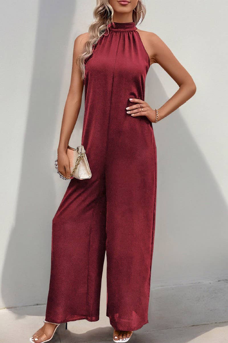 CWSJS1675_SOLID HIGH NECK HALTER WIDE LEG JUMPSUIT