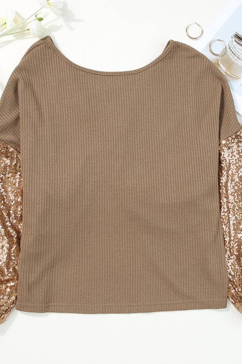 CWTBLL3052_FALL FASHION SEQUIN PATCHWORK LONG SLEEVE TOP