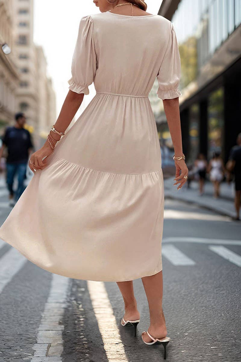 CWDMD2513_WAIST V-NECK SOLID COLOR DRESS